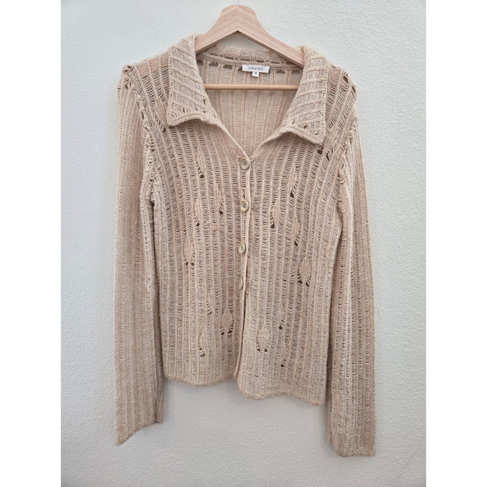 Sinavro Beige Open Knit Button Front Cardigan Sweater Collared Distressed Medium